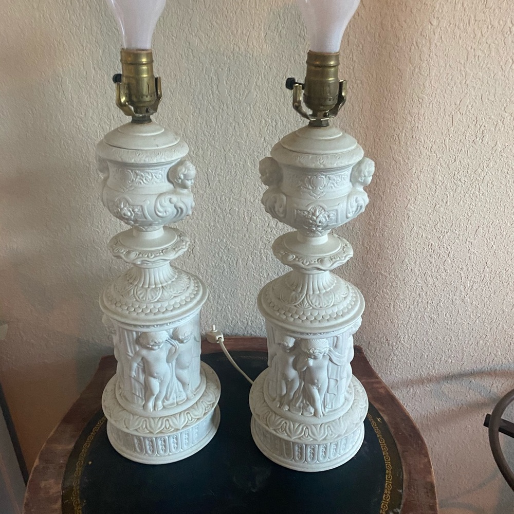 White antique porcelain bisque cherub lamps